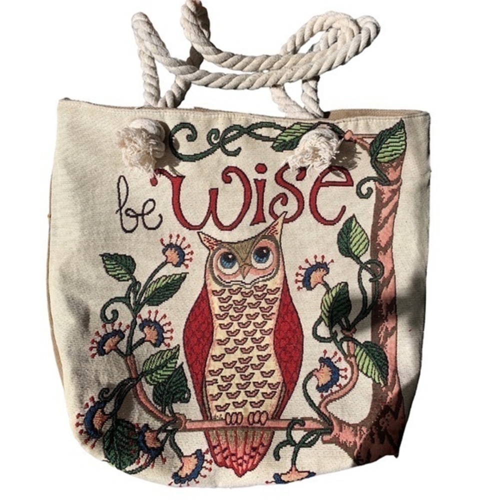 Canvas Tote Bag with Embroidered "Wise"  Owl Beige Cream Red Green